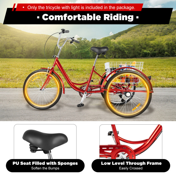 24 Inch Tricycle for Adult 6 Speed Tricycle with Basket and Light Adults