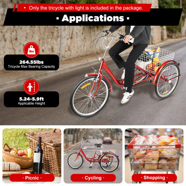 24 Inch Tricycle for Adult 6 Speed Tricycle with Basket and Light Adults