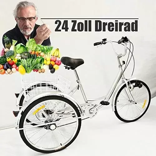 24" 3 Wheel Bike with Basket, 6 Speed Adult Bike - Height Adjustable - Carbon Steel Housing - For Outdoor Sports