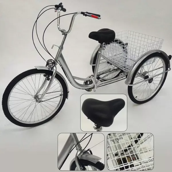 24" 3 Wheel Bike with Basket, 6 Speed Adult Bike - Height Adjustable - Carbon Steel Housing - For Outdoor Sports