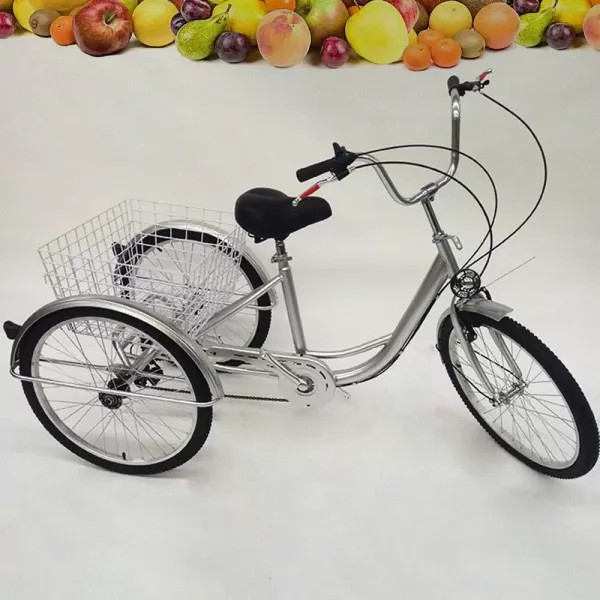 24" 3 Wheel Bike with Basket, 6 Speed Adult Bike - Height Adjustable - Carbon Steel Housing - For Outdoor Sports