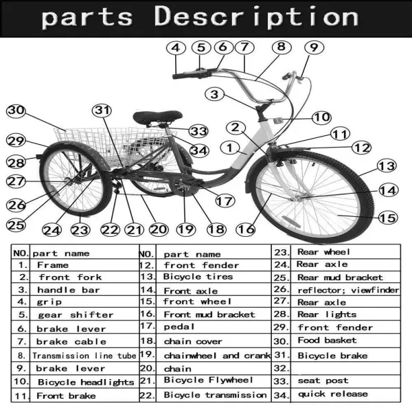 24" 3 Wheel Bike with Basket, 6 Speed Adult Bike - Height Adjustable - Carbon Steel Housing - For Outdoor Sports