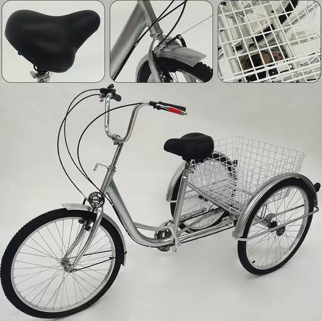24" 3 Wheel Bike with Basket, 6 Speed Adult Bike - Height Adjustable - Carbon Steel Housing - For Outdoor Sports