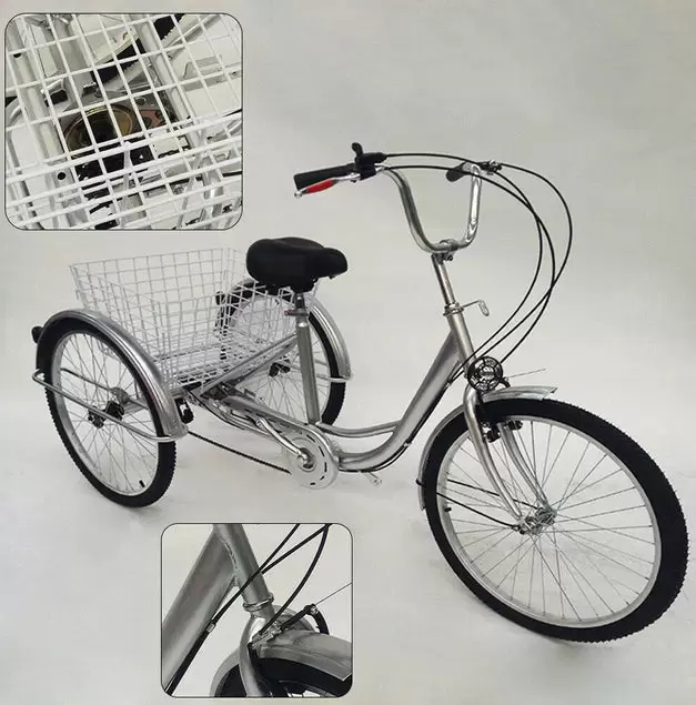 24" 3 Wheel Bike with Basket, 6 Speed Adult Bike - Height Adjustable - Carbon Steel Housing - For Outdoor Sports