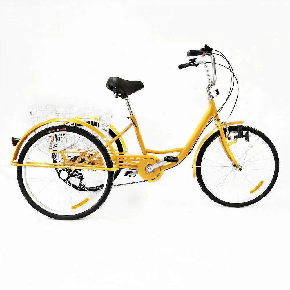 24" Tricycle Senior Bike Height-adjustable Tricycle with 3 Anti-skid and Wear-resistant Wheels Six Speeds Sturdy and Stable for Towns Beaches