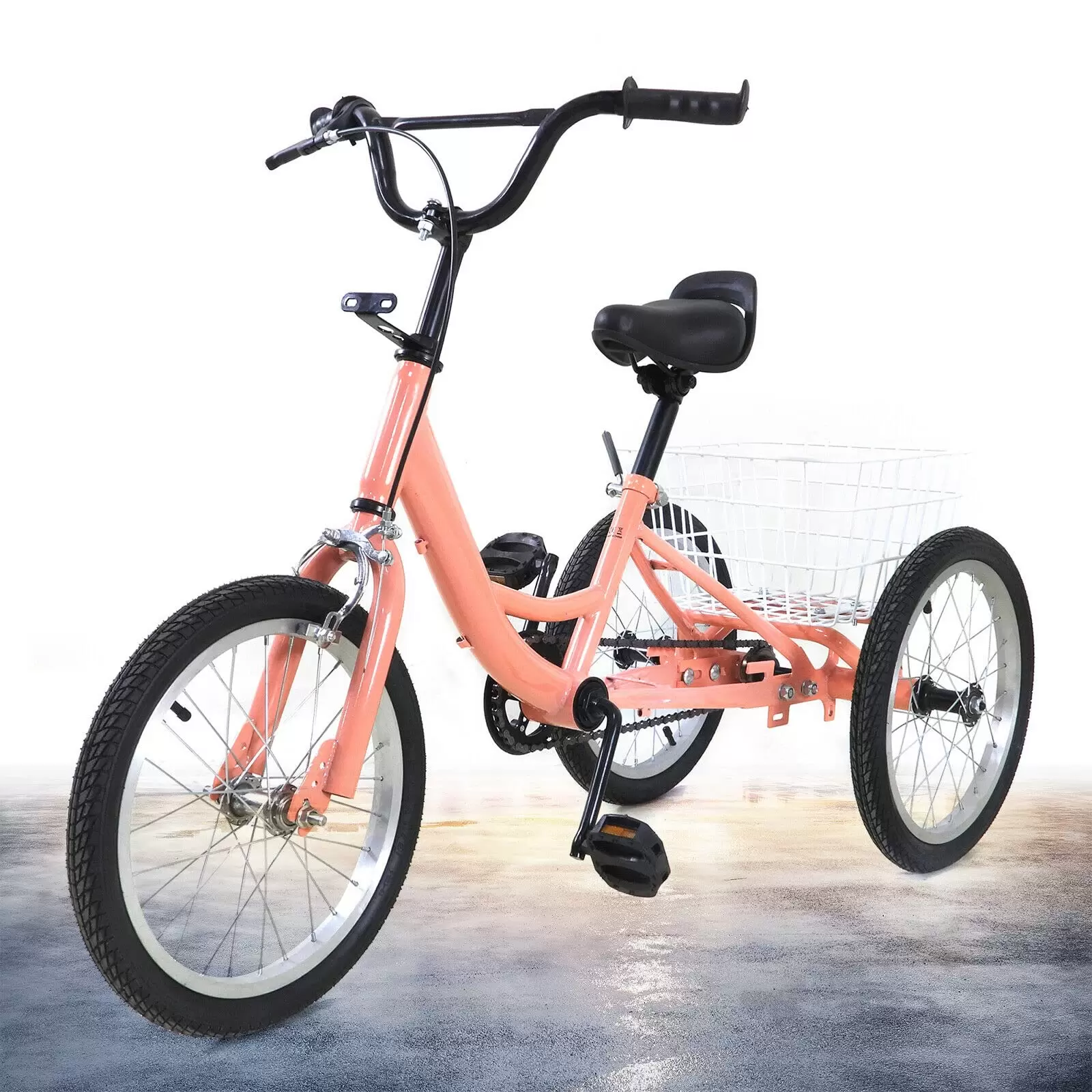 Tricycle Bike 16 Inch Single Speed 3 Wheel Bike, Children's Tricycle with Basket 7-10 Years Old (Light Orange)