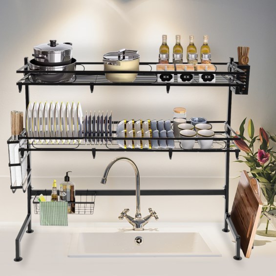 Over-sink dish drainer, 2-tier dish drainer, length 82 cm, black