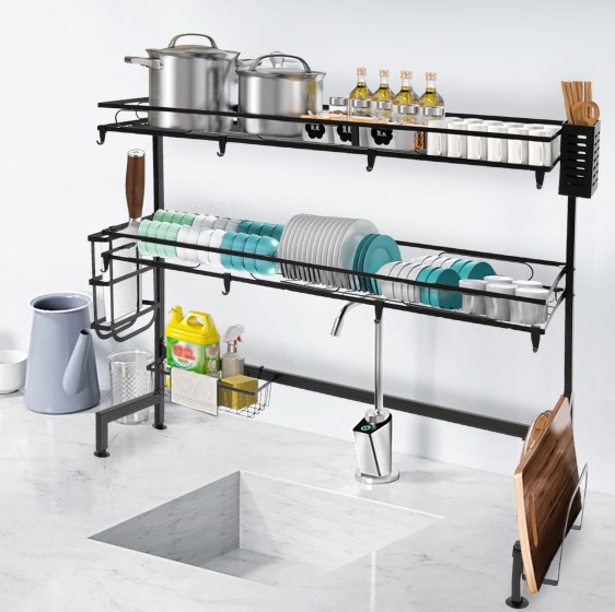 Over-sink dish drainer, 2-tier dish drainer, length 82 cm, black Over-sink dish drainer, 2-tier dish drainer, length 82 cm, black