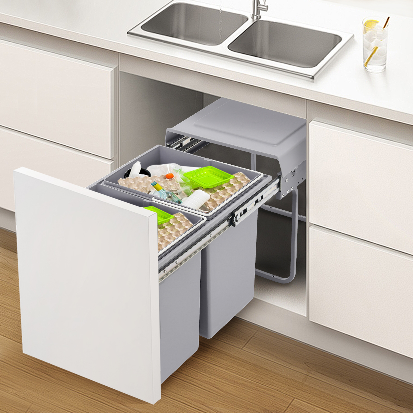 Kitchen Waste Bin, 40L Pullout Recycling Garbage Trash Can, Sliding Kitchen Recycle Waste Bin - 400 Cabinet Double Barrel