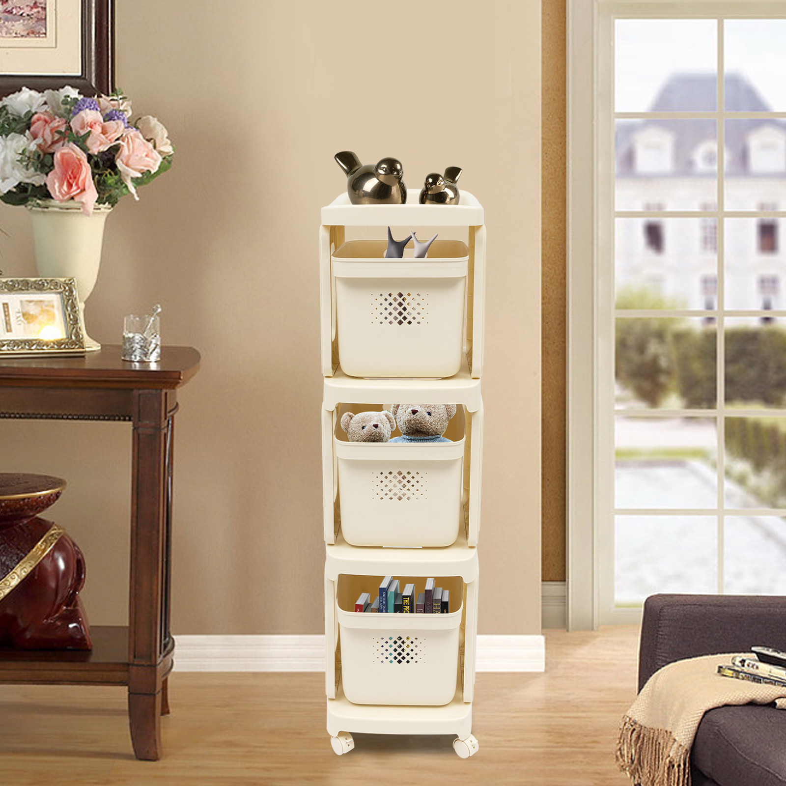 Office Trolley, Rolling Storage Cart, Plastic Rolling Storage Cart, 38*32*117cm, Cream White