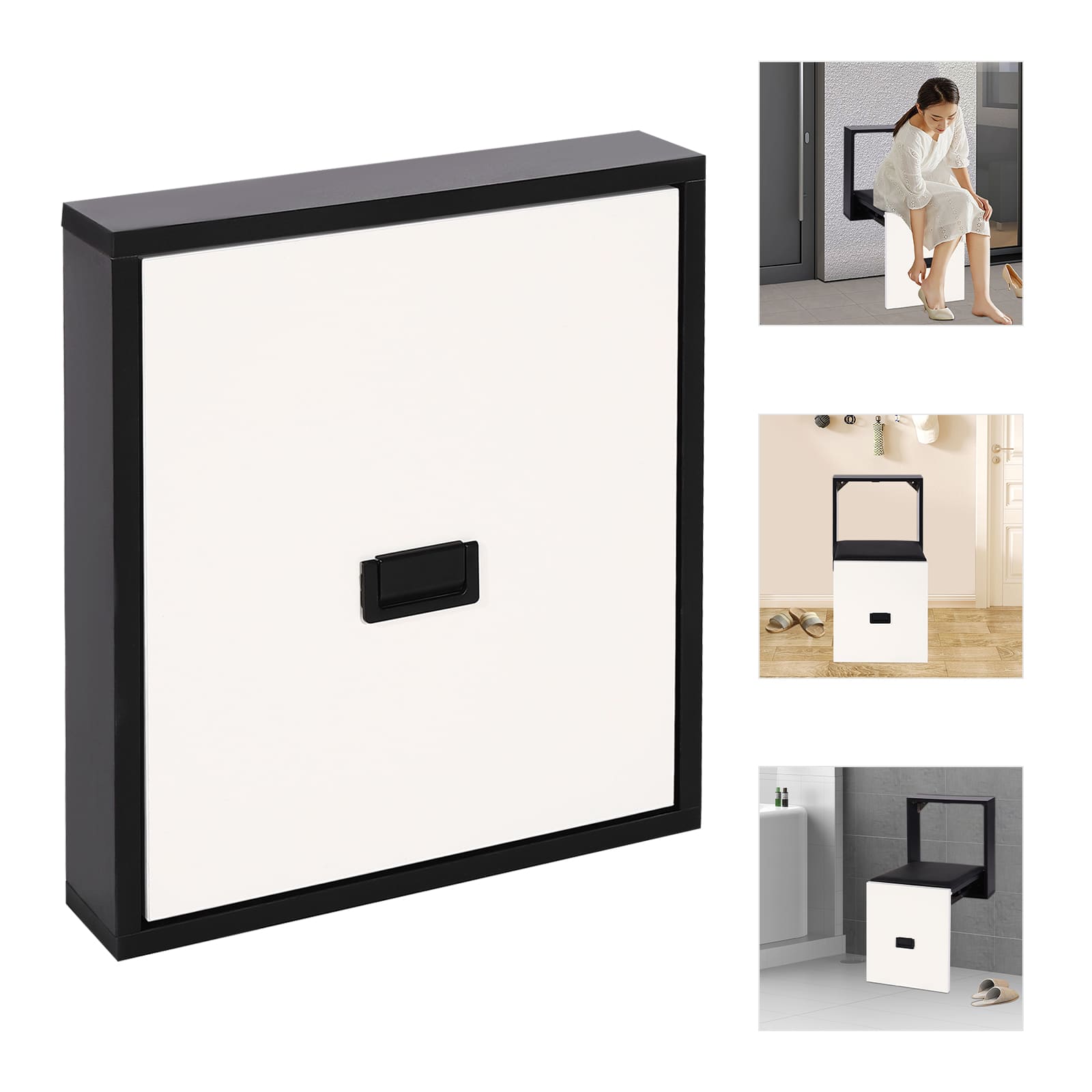 Foldable Wall Stool, Shoe Changing Stool, Ultra Thin Folding Chair - Black and White