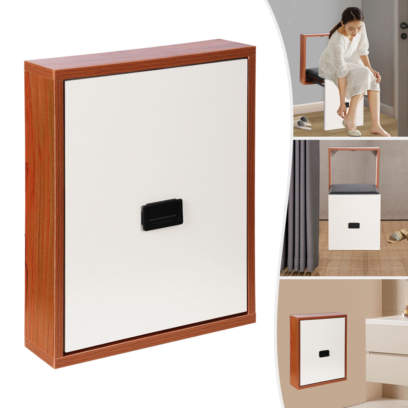 Foldable Wall Stool, Shoe Changing Stool, Ultra Thin Folding Chair - Black, White and Wood
