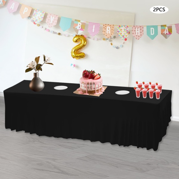 Set of 2 Rectangular Ruffle Tablecloths for Wedding Party Banquet Dining Room Anniversaries 96.06*30*30in Polyester Table Skirt Black