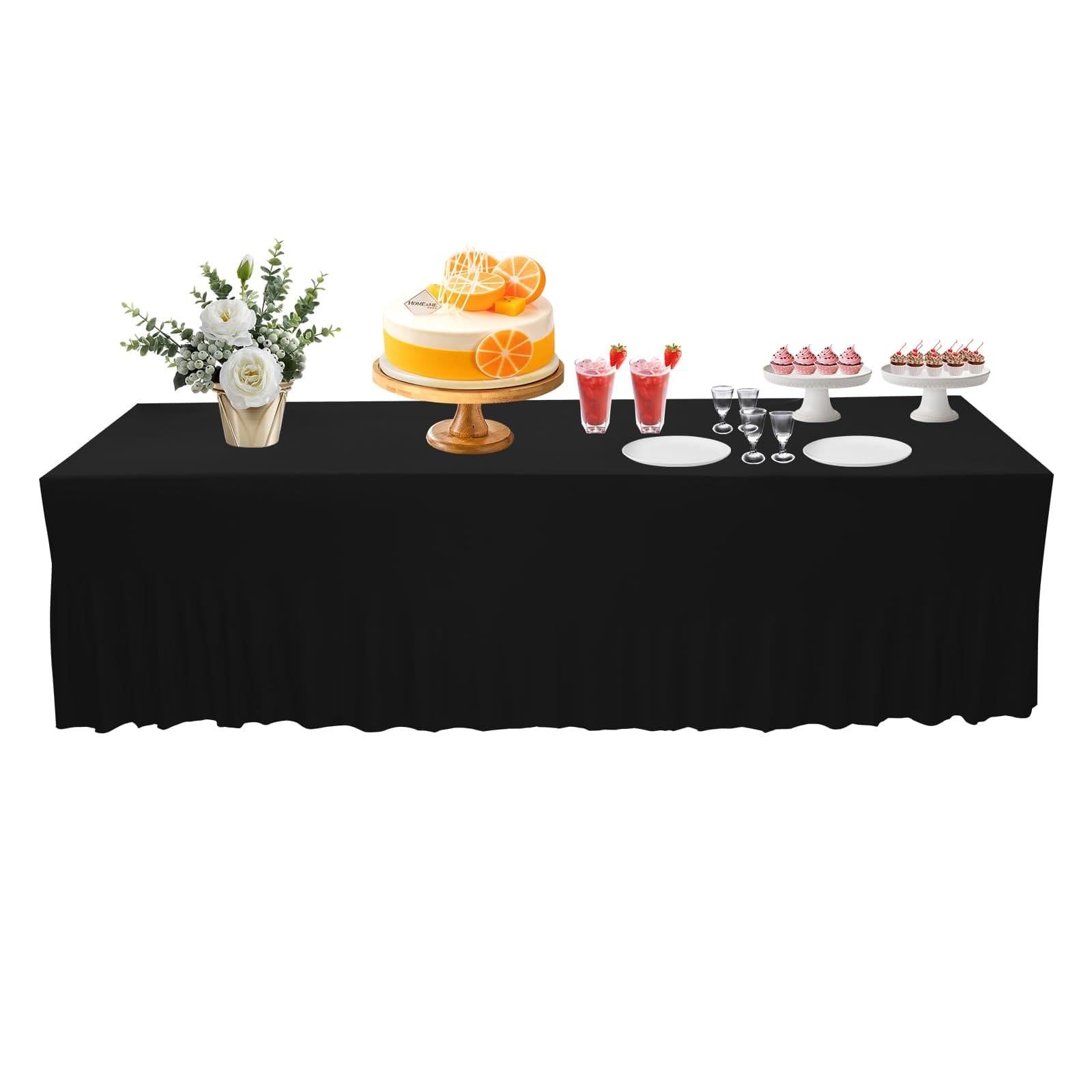 Set of 2 Rectangular Ruffle Tablecloths for Wedding Party Banquet Dining Room Anniversaries 96.06*30*30in Polyester Table Skirt Black