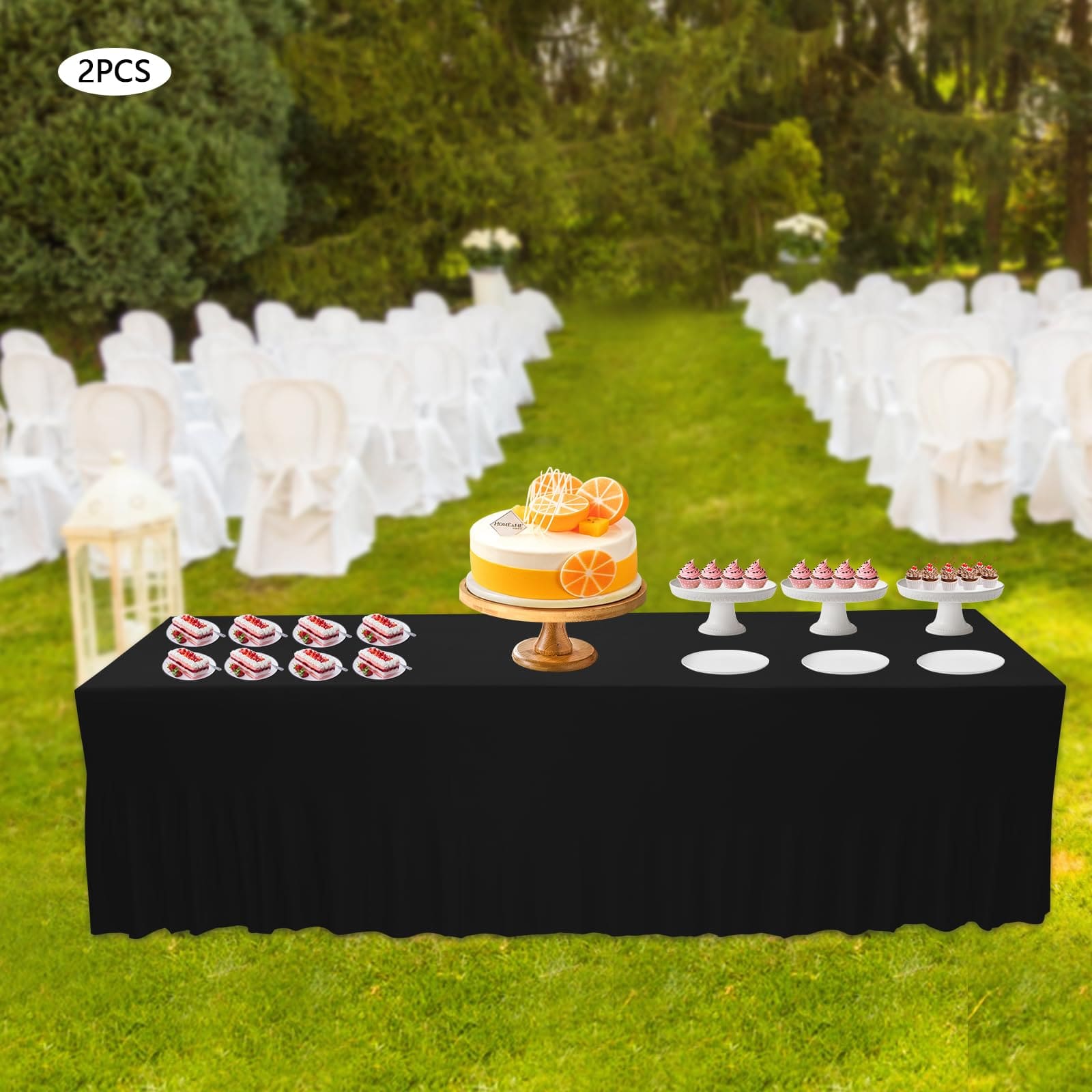 Set of 2 Rectangular Ruffle Tablecloths for Wedding Party Banquet Dining Room Anniversaries 96.06*30*30in Polyester Table Skirt Black