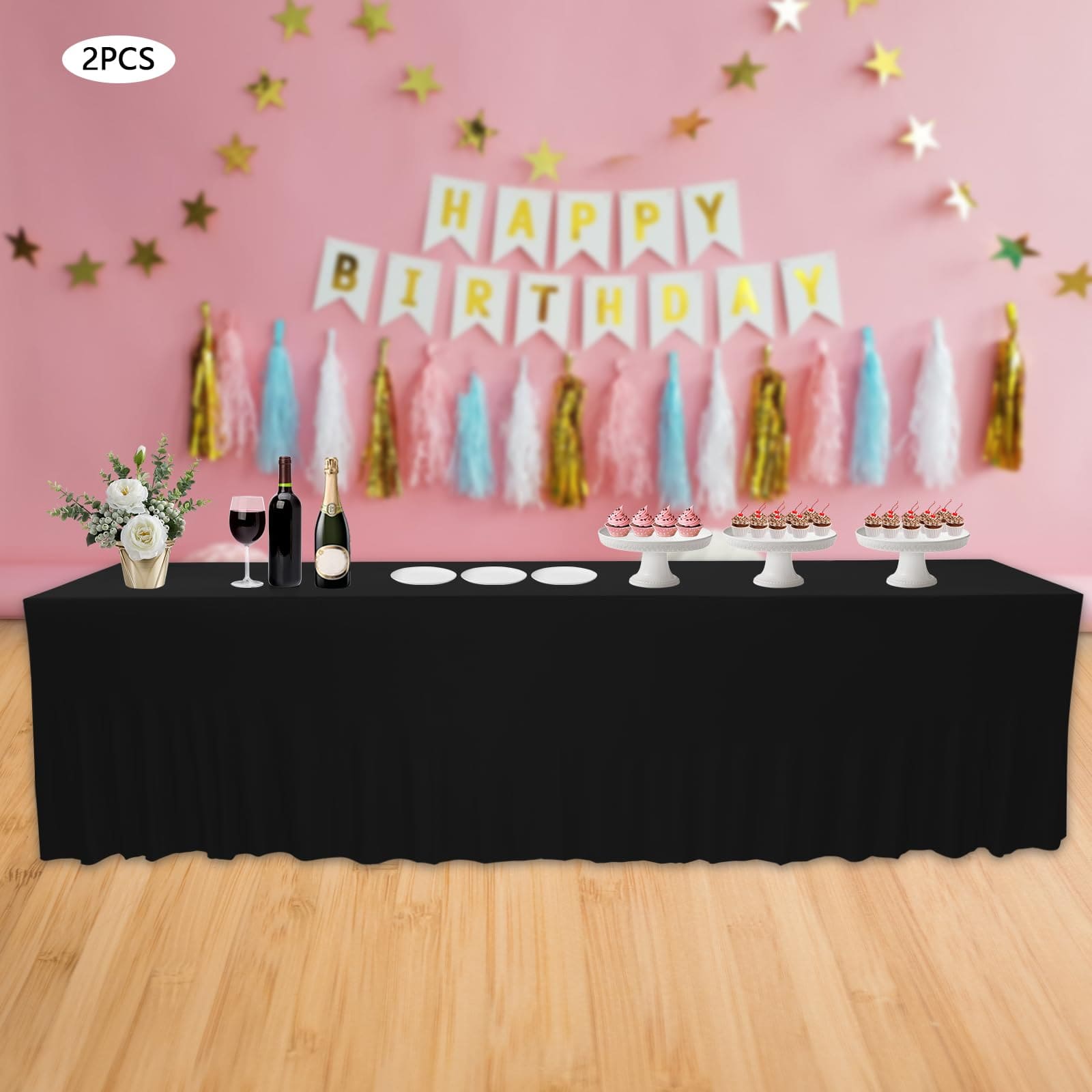 Set of 2 Rectangular Ruffle Tablecloths for Wedding Party Banquet Dining Room Anniversaries 96.06*30*30in Polyester Table Skirt Black Set of 2 Rectangular Ruffle Tablecloths for Wedding Party Banquet Dining Room Anniversaries 96.06*30*30in Polyester Table Skirt Black