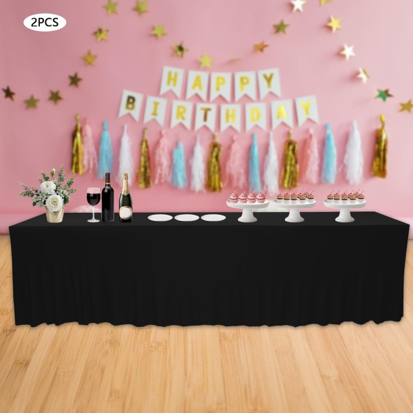 Set of 2 Rectangular Ruffle Tablecloths for Wedding Party Banquet Dining Room Anniversaries 96.06*30*30in Polyester Table Skirt Black