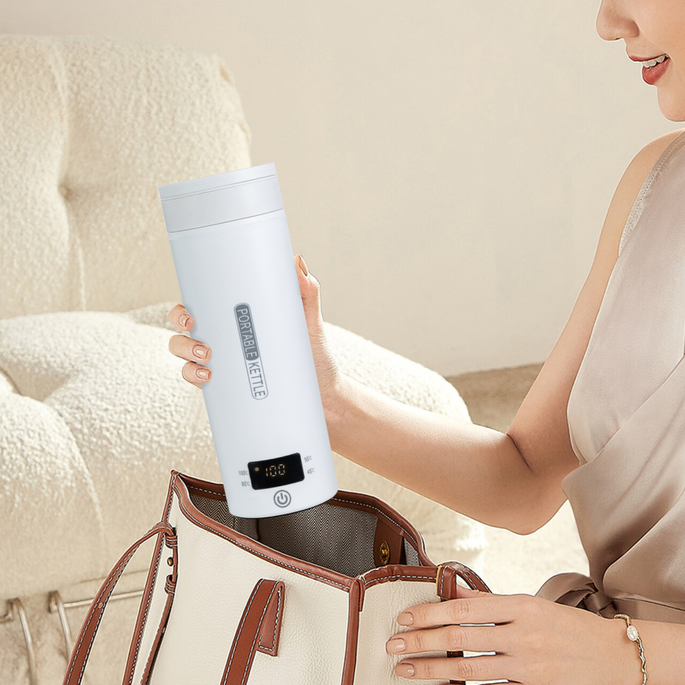 Portable travel kettle, mini mug, kettle 4 speed temperature adjustment, 8*23cm, White