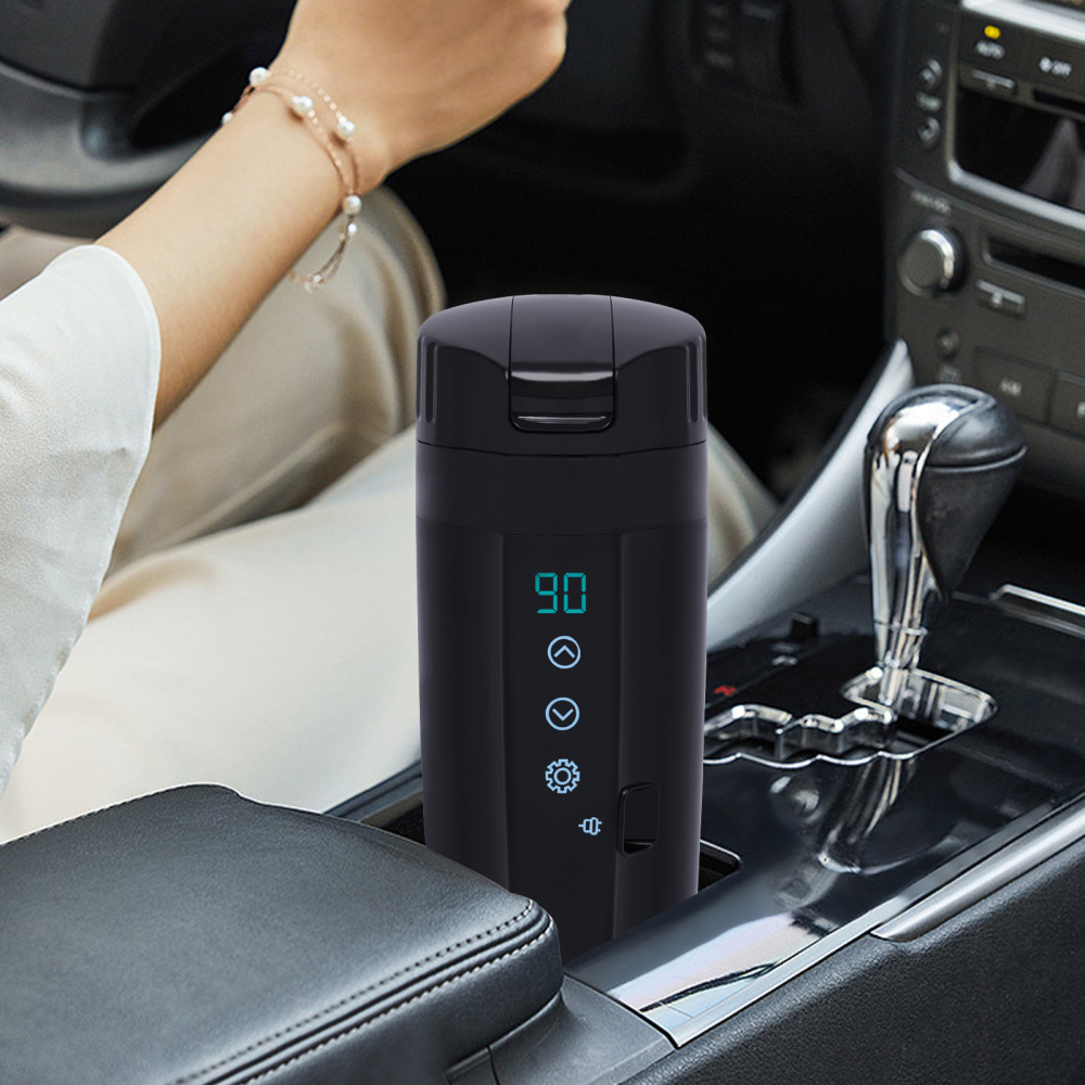 Travel kettle for car, Heated mug with anti-spill protection and stainless steel coating