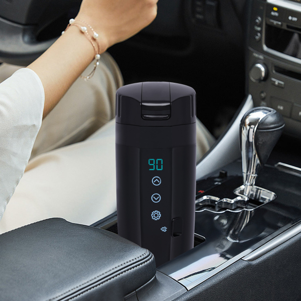 Travel kettle for car, Heated mug with anti-spill protection and stainless steel coating