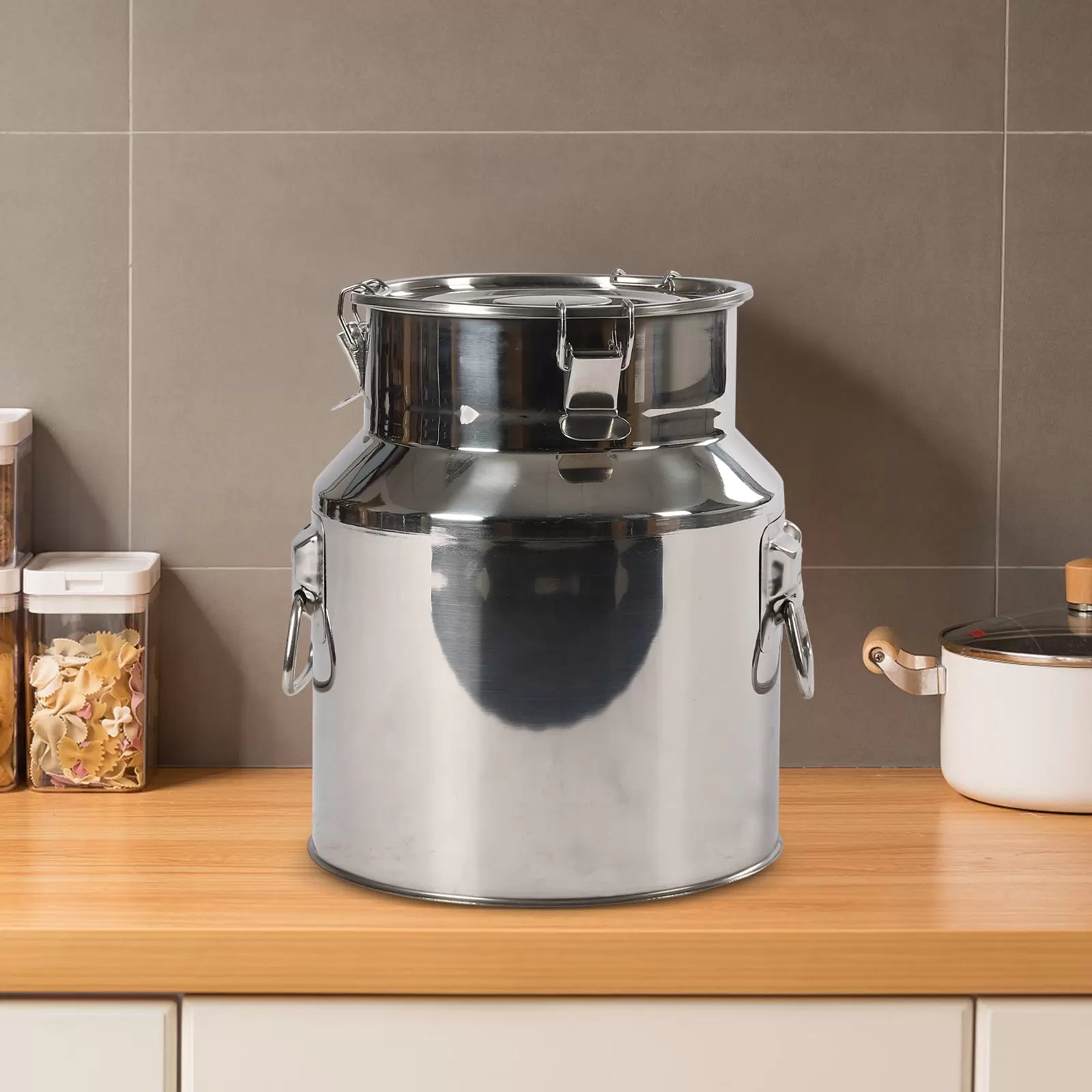 Stainless Steel Milk Can with Lid - Milk Jug with Three Clip Closures and Silicone Seal for Carrying or Storage Stainless Steel Milk Can with Lid - Milk Jug with Three Clip Closures and Silicone Seal for Carrying or Storage