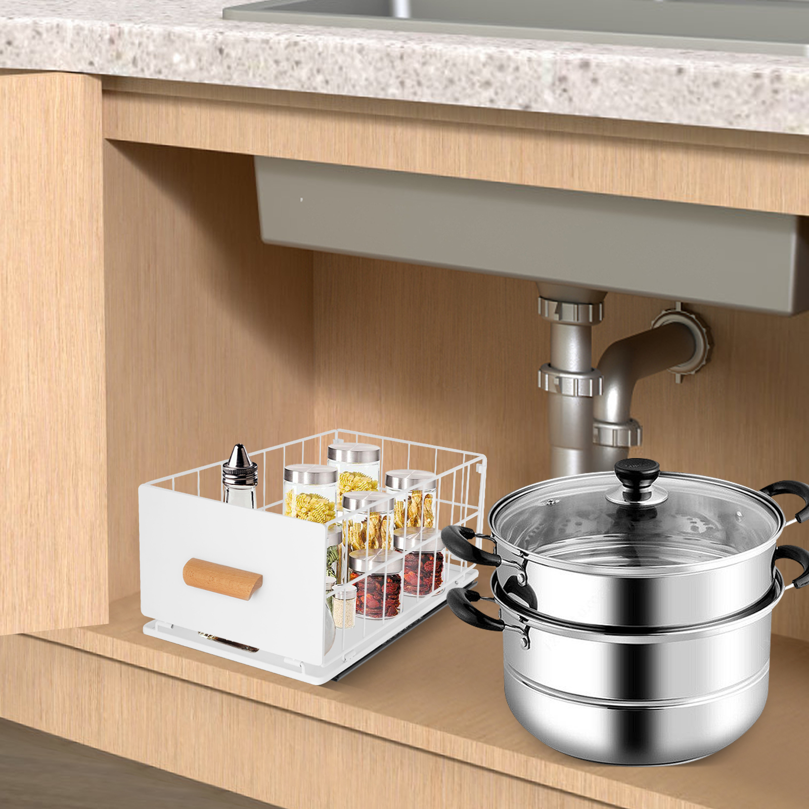White Sliding Cabinet Basket, Pull Out Cabinet Organizer Basket, Basket Drawer for Cabinet