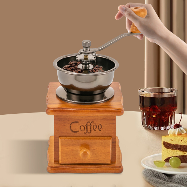 Hand coffee bean grinder, Retro hand coffee bean grinder, 9.5 * 6.5 * 16cm, Brown