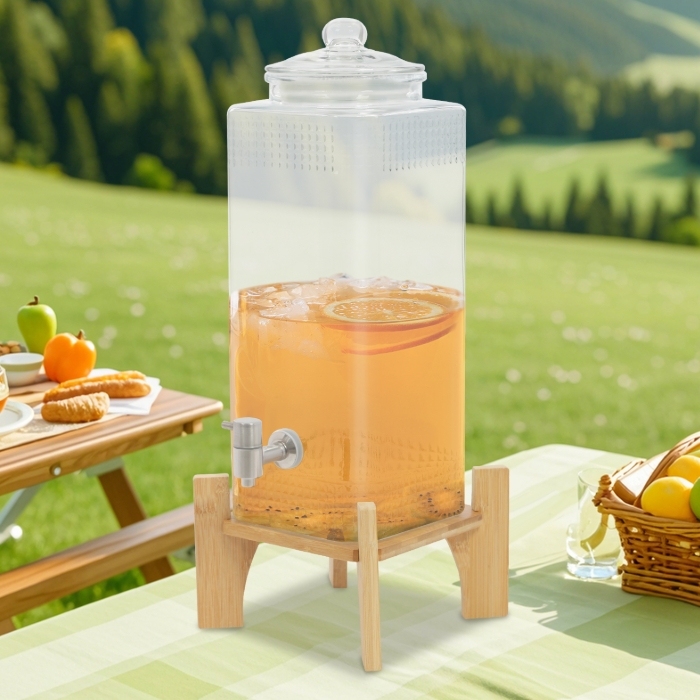 Juice drink dispenser with wooden base, 20 catties capacity, with tap and glass lid