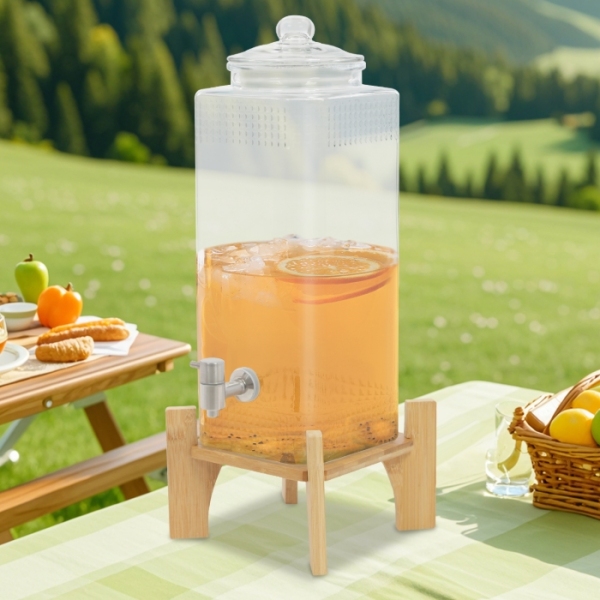 Juice drink dispenser with wooden base, 20 catties capacity, with tap and glass lid