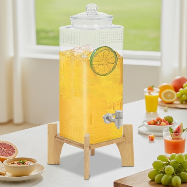 Juice drink dispenser with wooden base, 20 catties capacity, with tap and glass lid