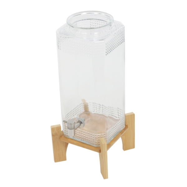 Juice drink dispenser with wooden base, 20 catties capacity, with tap and glass lid Juice drink dispenser with wooden base, 20 catties capacity, with tap and glass lid