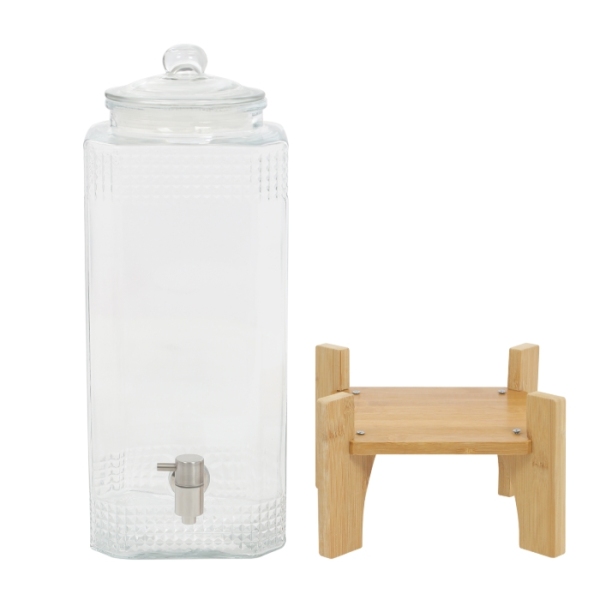 Juice drink dispenser with wooden base, 20 catties capacity, with tap and glass lid