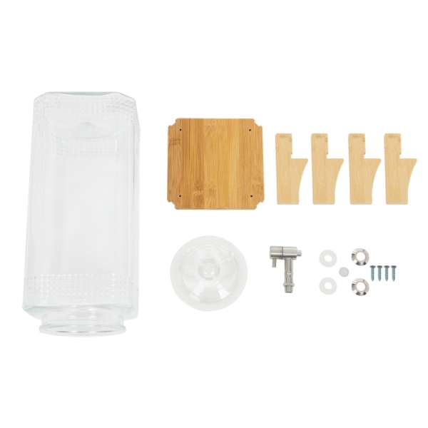 Juice drink dispenser with wooden base, 20 catties capacity, with tap and glass lid Juice drink dispenser with wooden base, 20 catties capacity, with tap and glass lid