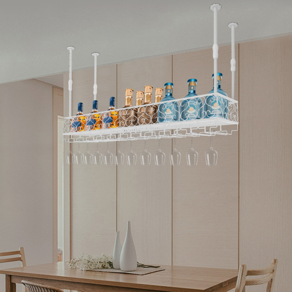 Wine Rack For Ceiling Installation Wine Rack With Glass Rack Hanging Wine Rack Suitable For Rooms With A Height Of 7.71-8.37 Feet White