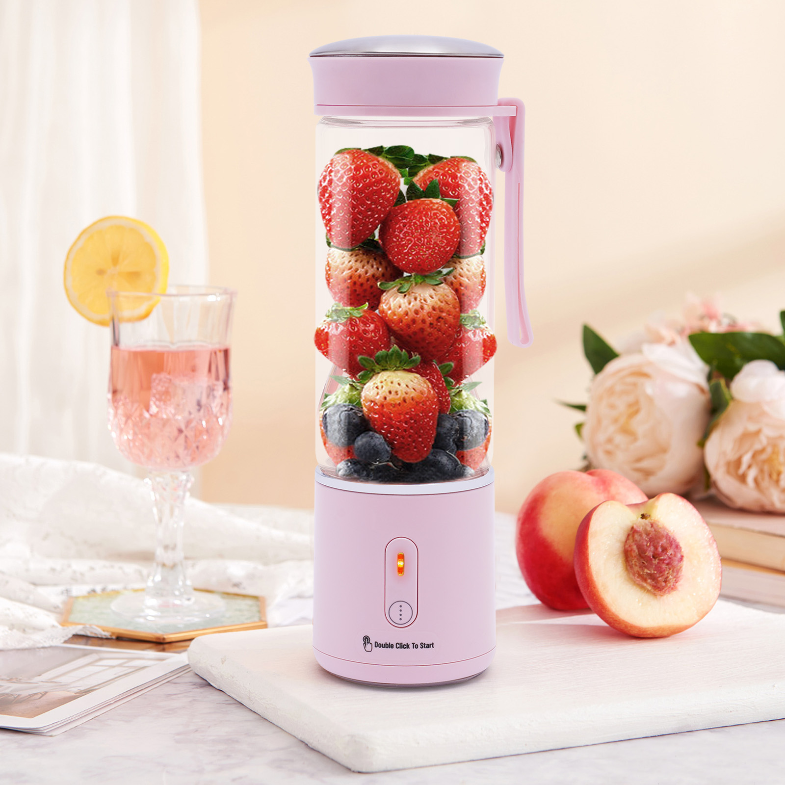 450 ml portable blender, USB rechargeable mini blender, with six blades, Speed: 21000RPM±15, Pink