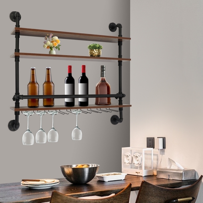 3-Tier Wall Mount Wine Rack With Hook Hanging Metal Wine Glass Rack Wine Display Shelf Wine Bottle Holder Wine Storage Rack