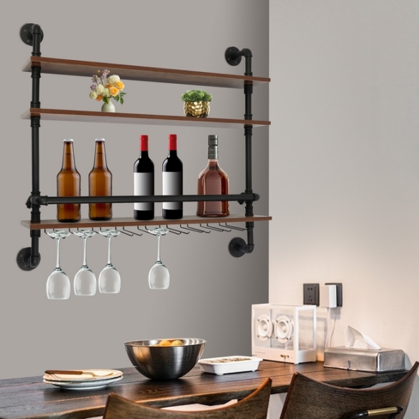 3-Tier Wall Mount Wine Rack With Hook Hanging Metal Wine Glass Rack Wine Display Shelf Wine Bottle Holder Wine Storage Rack