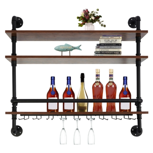 3-Tier Wall Mount Wine Rack With Hook Hanging Metal Wine Glass Rack Wine Display Shelf Wine Bottle Holder Wine Storage Rack