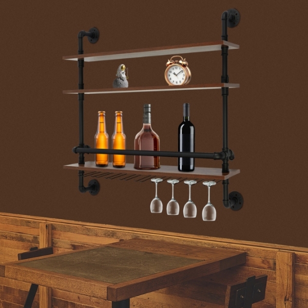 3-Tier Wall Mount Wine Rack With Hook Hanging Metal Wine Glass Rack Wine Display Shelf Wine Bottle Holder Wine Storage Rack