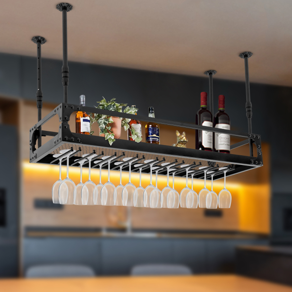Industrial Vintage Bar Floating Shelf Ceiling Mounted Hanging Wine Bottle Holder Shelf Champagne Glass Rack Bar Home Decor Size 100cm