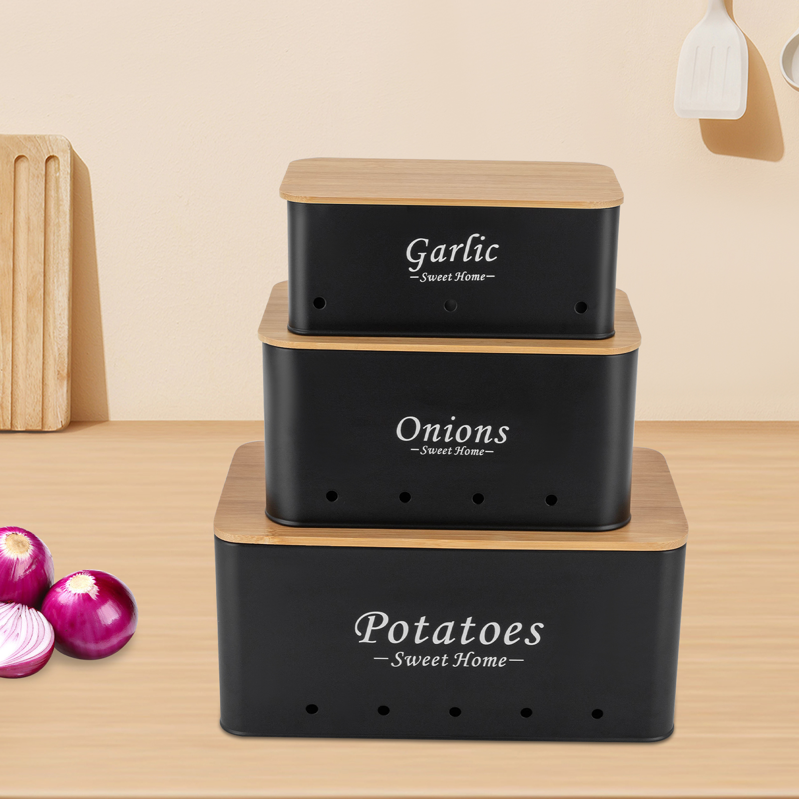 Container Sets, Onions/Potato/Garlic Storage Organizer, 3Pcs Storage Box Container Sets, Onions/Potato/Garlic Storage Organizer, 3Pcs Storage Box