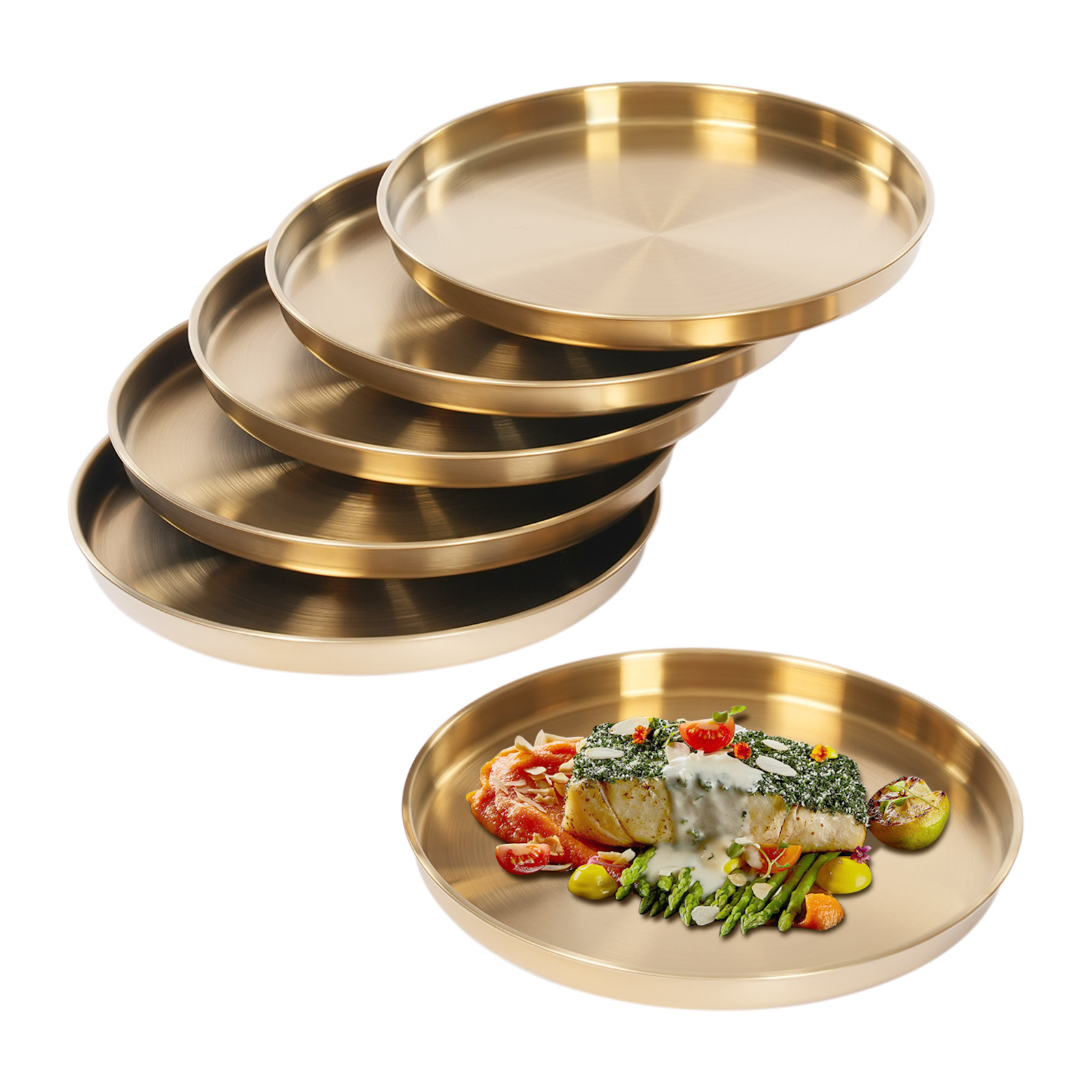 6Pcs Round Serving Trays, Stainless Steel Table Tray, Gold Decorative Tray - Gold