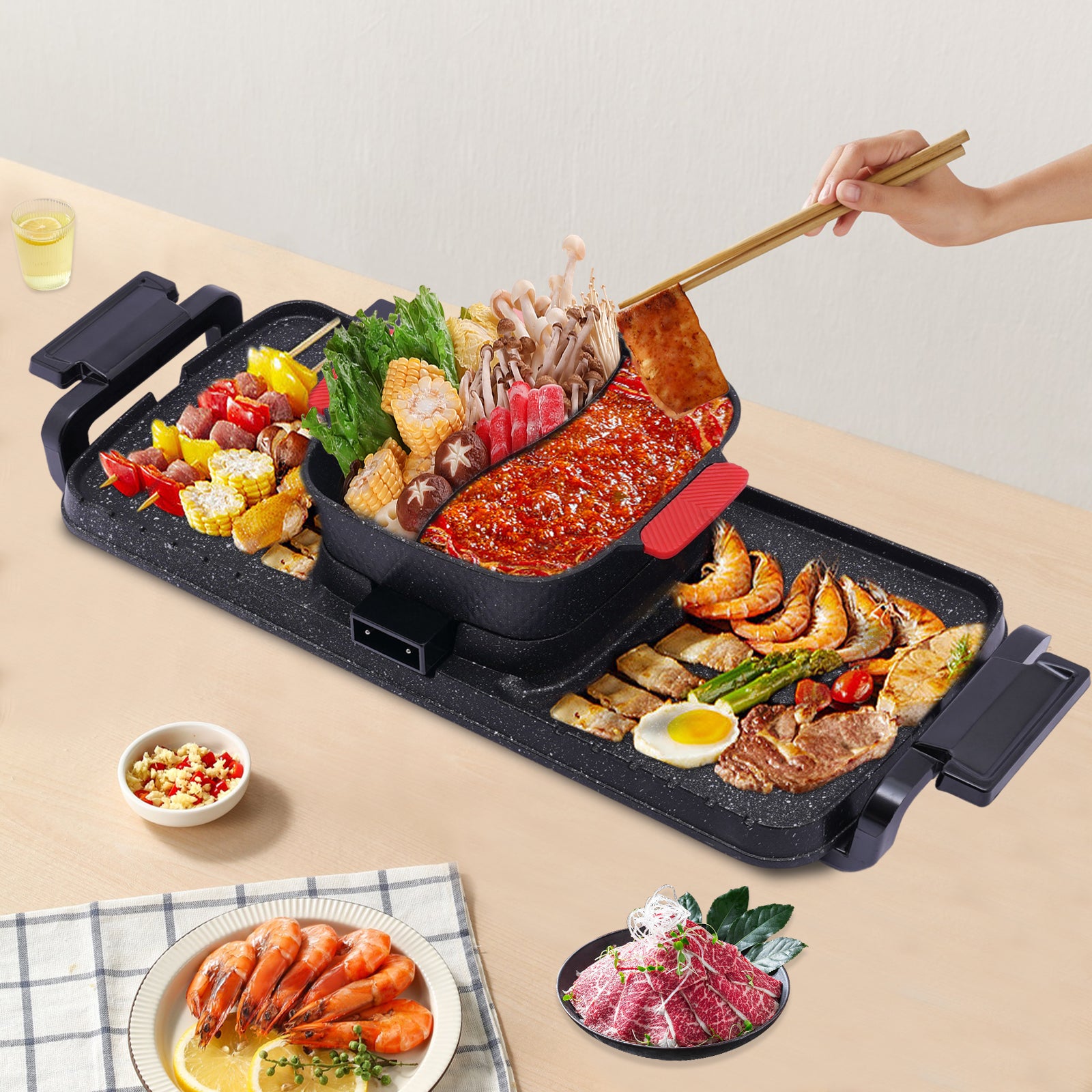 Barbecue Hot Pot 2 in 1Korean Indoor BBQ Double Control Shabu Shabu Hot Pot with Grill Multifunction Smokeless Portable Cooker