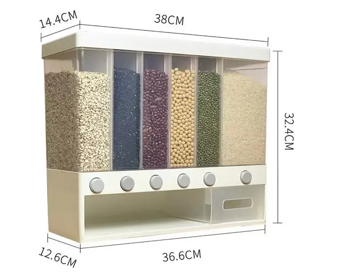 6-compartment airtight storage box with lid and measuring glass for the kitchen