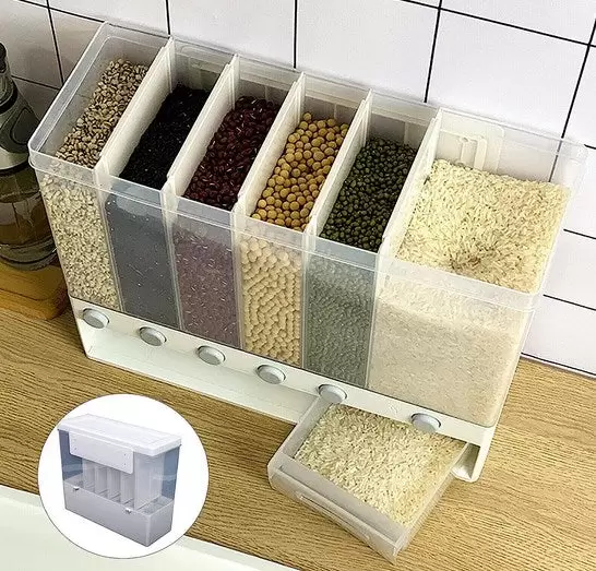 6-compartment airtight storage box with lid and measuring glass for the kitchen