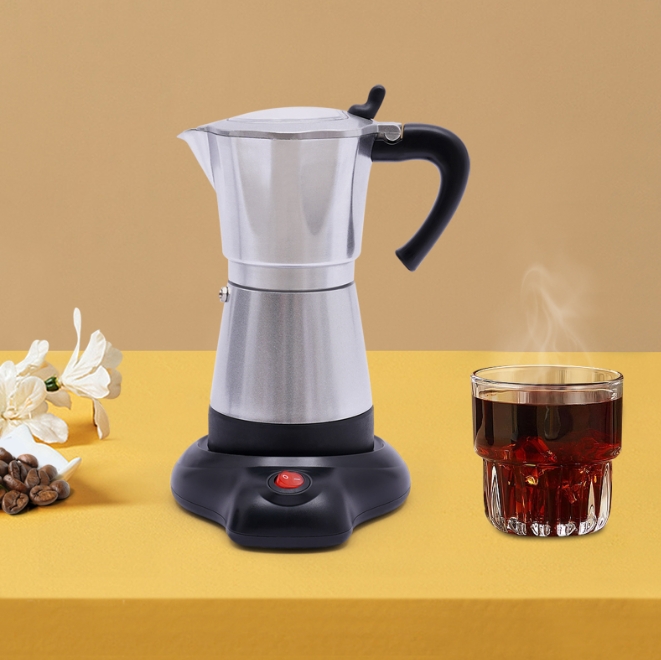 480W Aluminum Alloy Electric Moka Coffee Machine with Base Can Prepare Six Cups at a Time 300ml for 1-6 people DIY Silver