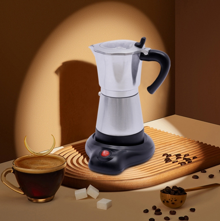 480W Aluminum Alloy Electric Moka Coffee Machine with Base Can Prepare Six Cups at a Time 300ml for 1-6 people DIY Silver