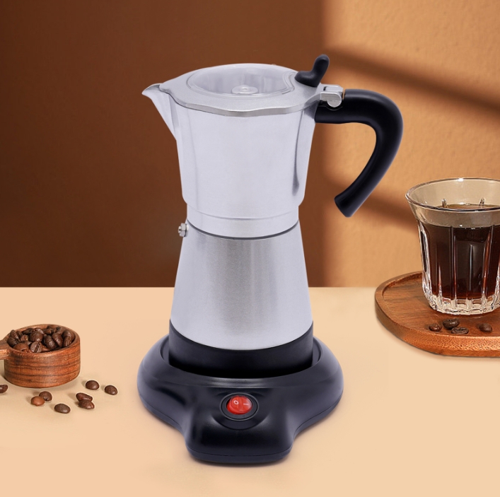 480W Aluminum Alloy Electric Moka Coffee Machine with Base Can Prepare Six Cups at a Time 300ml for 1-6 people DIY Silver