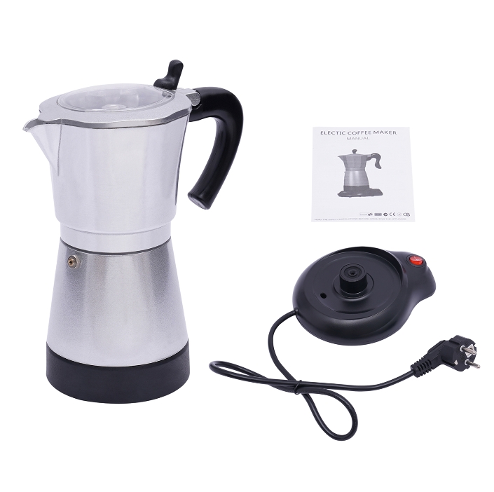 480W Aluminum Alloy Electric Moka Coffee Machine with Base Can Prepare Six Cups at a Time 300ml for 1-6 people DIY Silver