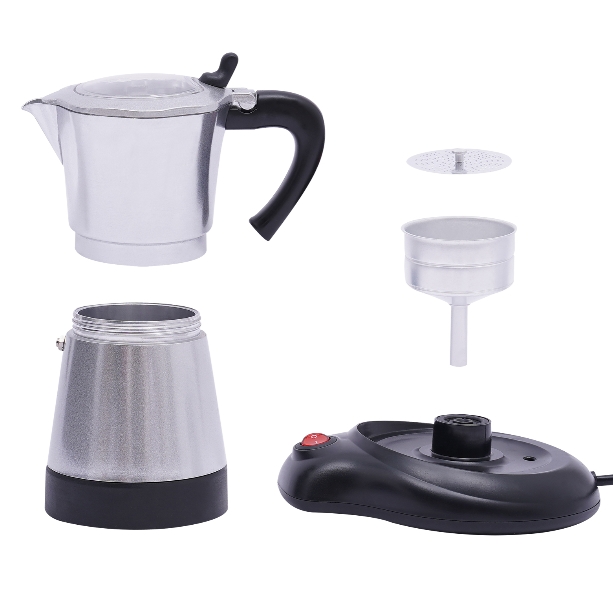 480W Aluminum Alloy Electric Moka Coffee Machine with Base Can Prepare Six Cups at a Time 300ml for 1-6 people DIY Silver